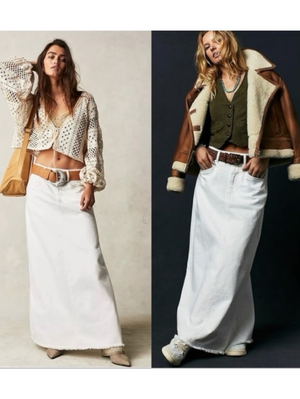 Free People Come As You Are Denim Maxi Skirt in White Size 4